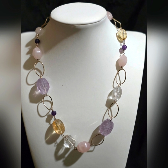 J&T STERLING 925 MULTI GEMSTONE NECKLACE AMETHYST, ROSE QUARTZ CITRINE 18in - Picture 1 of 6